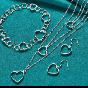925 Sterling Silver  3 pcs set Heart Chain Necklace Bracelet Earrings